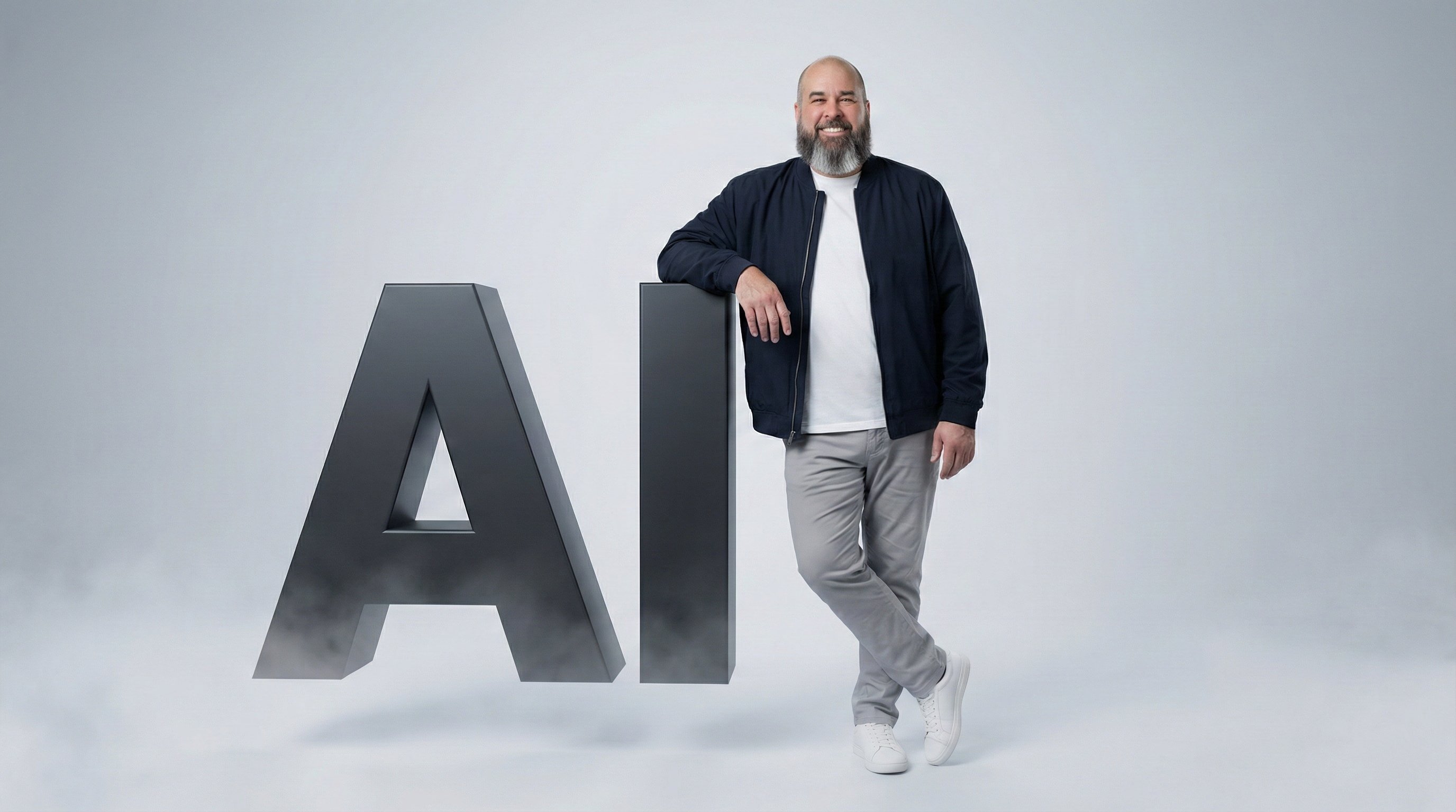 Steve Kress, founder of Get Marketing That Works, standing next to large 3D AI letters